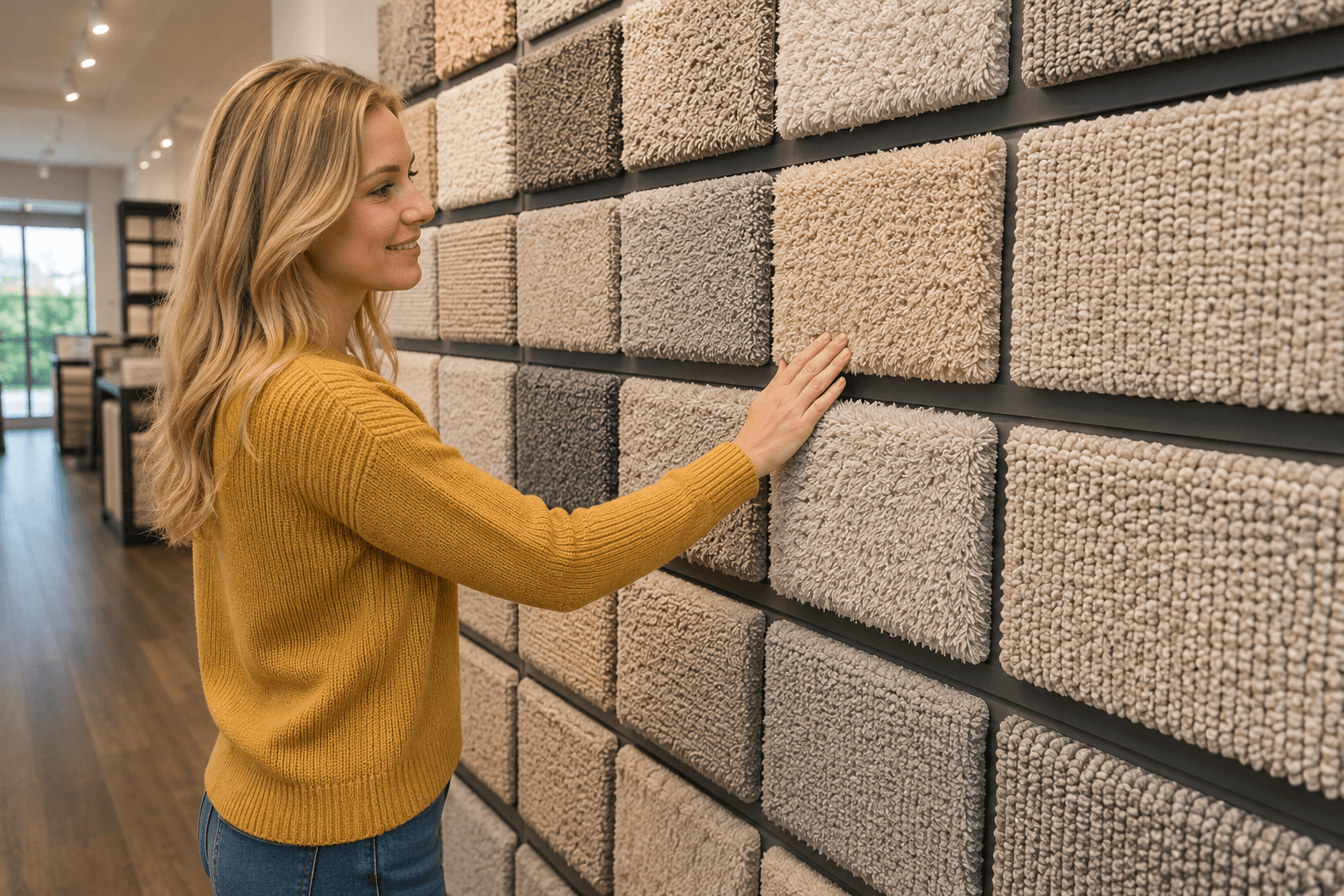 Carpet samples in different styles and colors at a Granbury carpet store