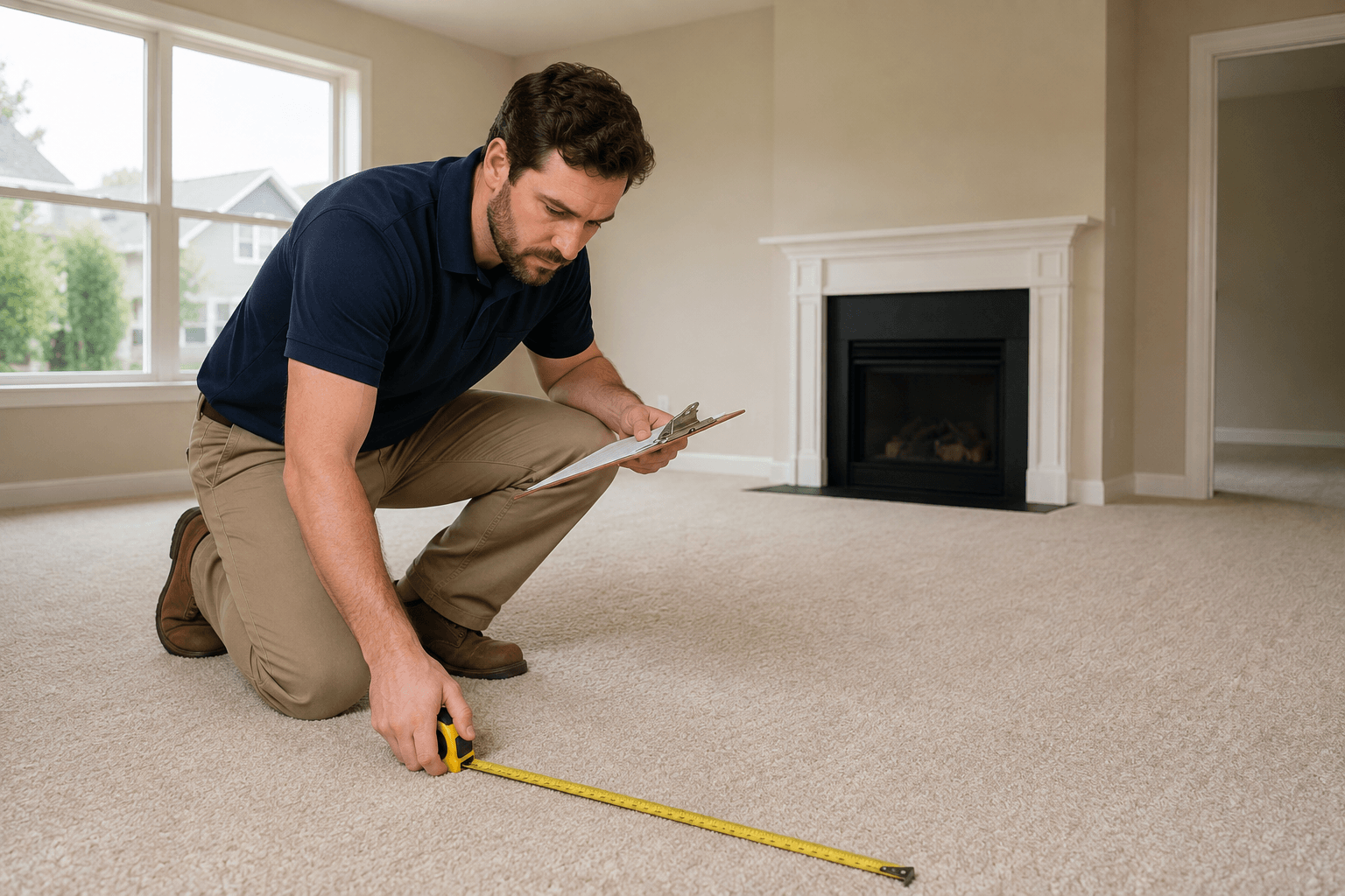 Flooring associate measuring a Granbury living room for new carpet