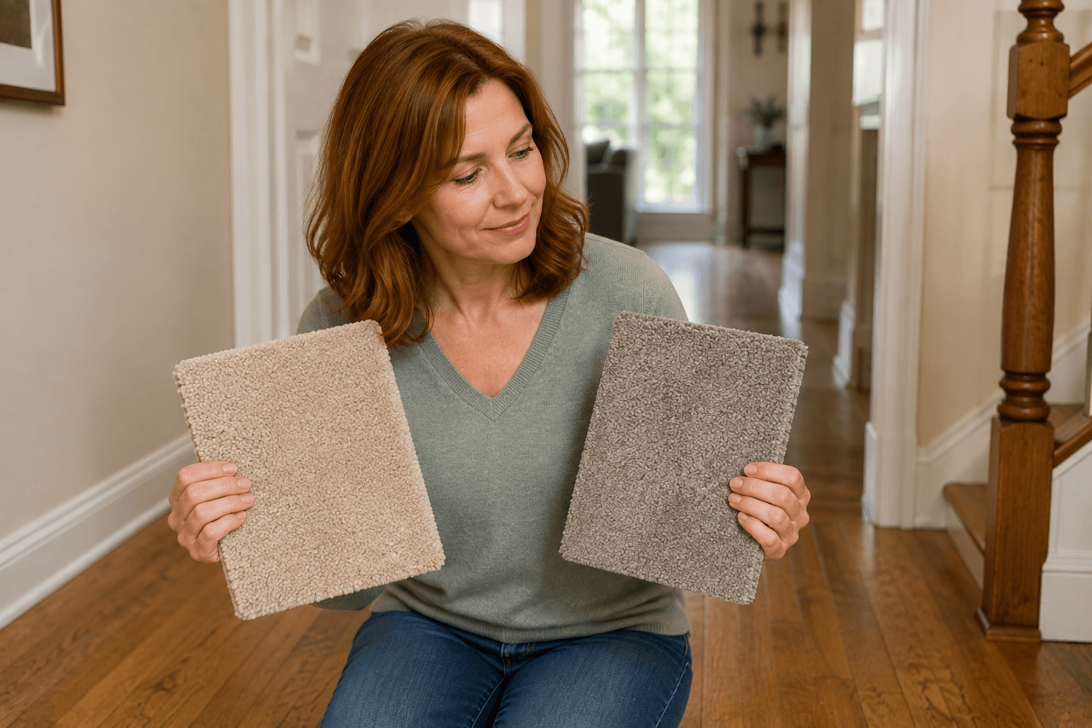 Homeowner comparing carpet samples in her Granbury home
