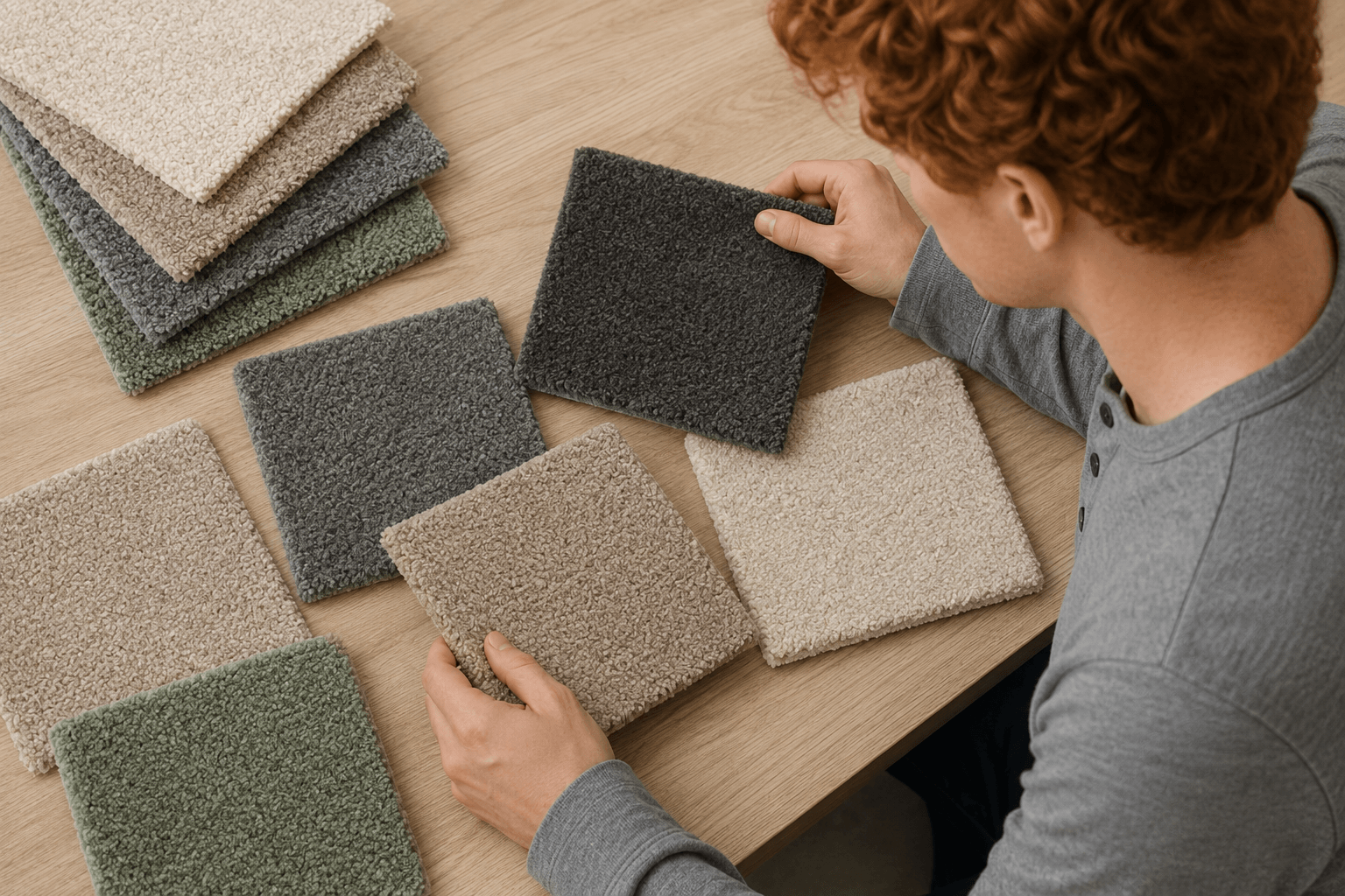 Plush, frieze, and berber carpet samples arranged at a Grapevine carpet store