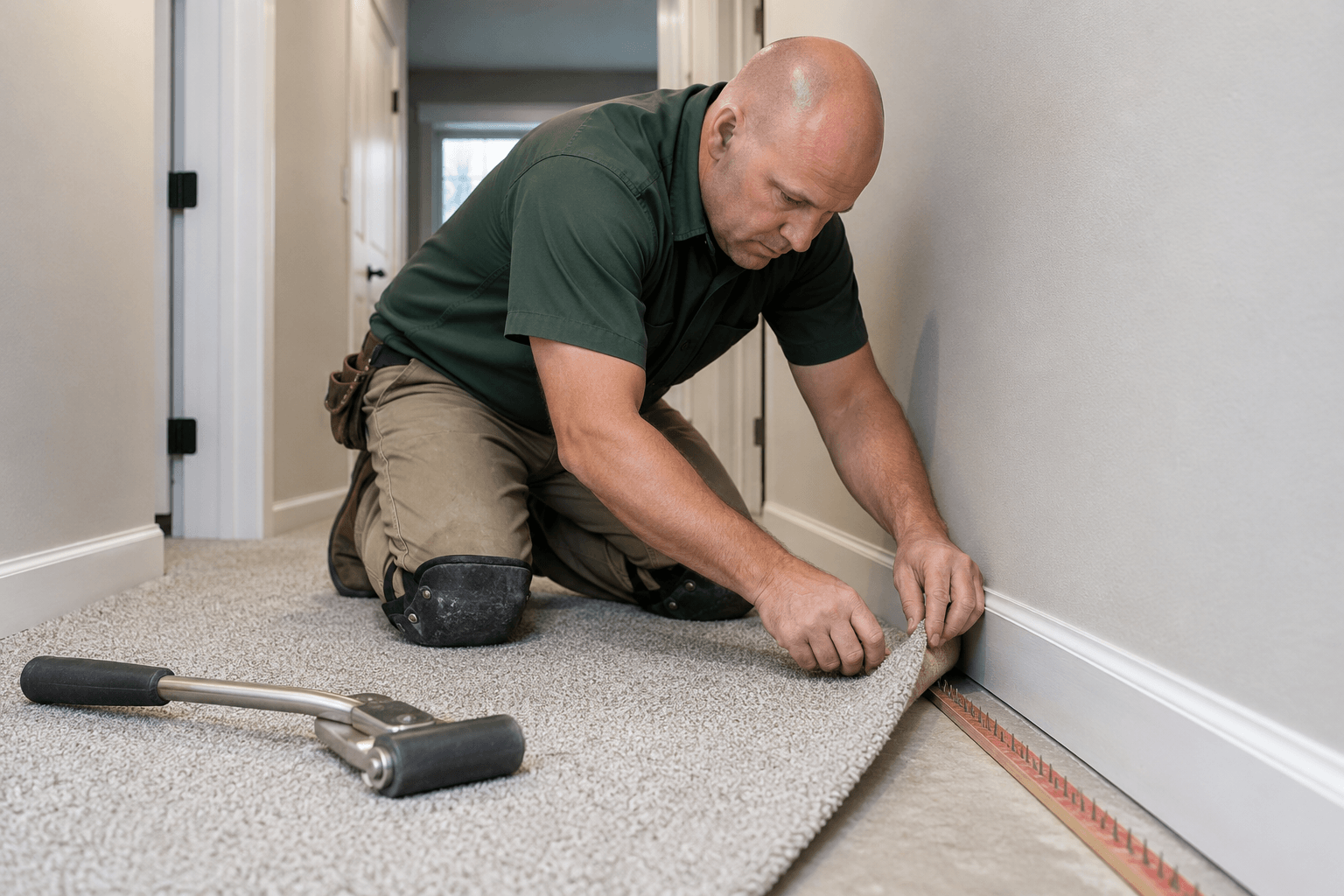 Installer fitting new carpet in a Grapevine home hallway