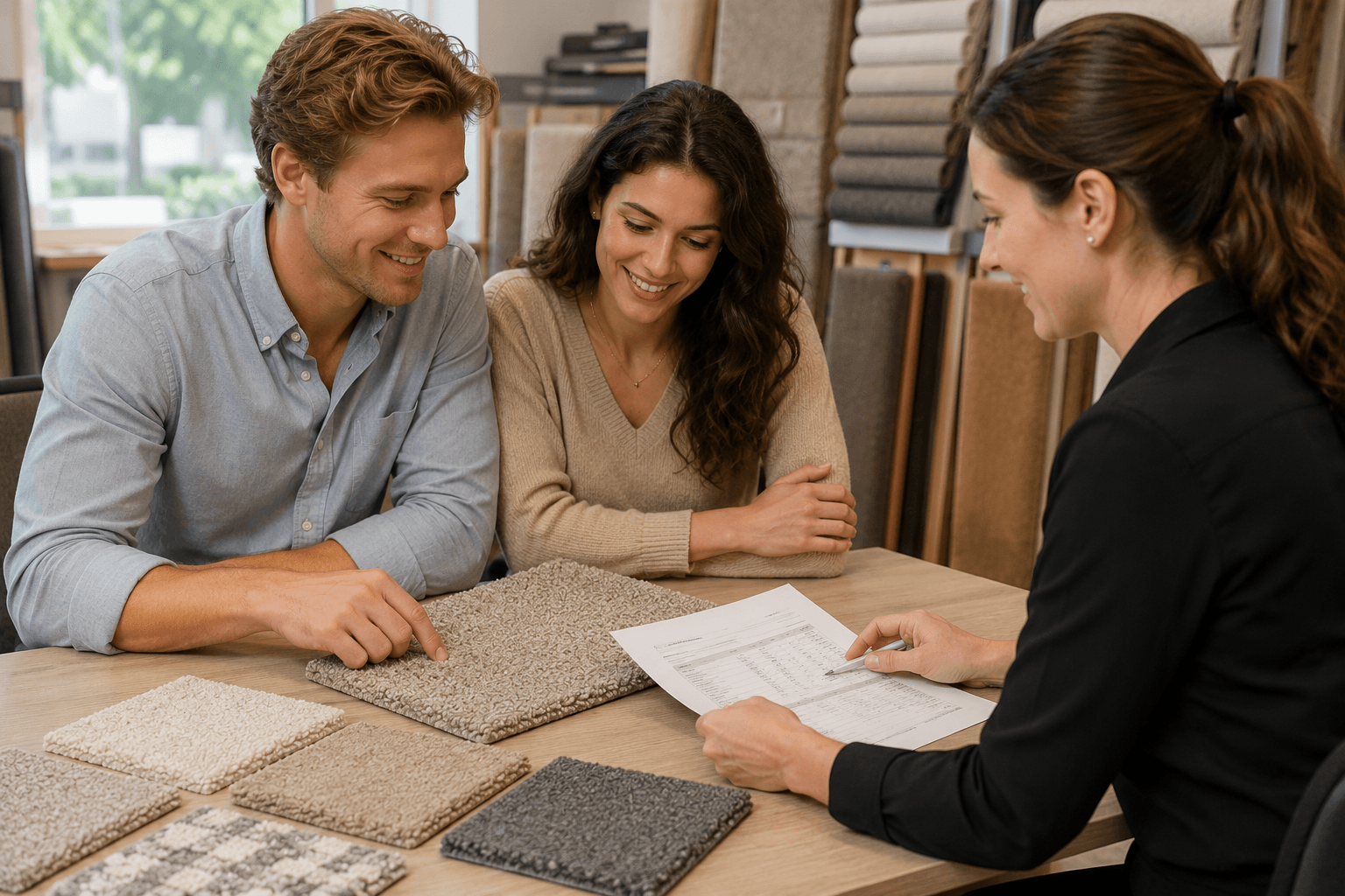 Couple reviewing carpet options and pricing with a flooring consultant