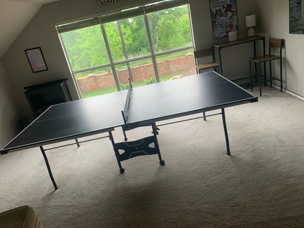 Game room with worn tan carpet beneath a ping-pong table by the window wall