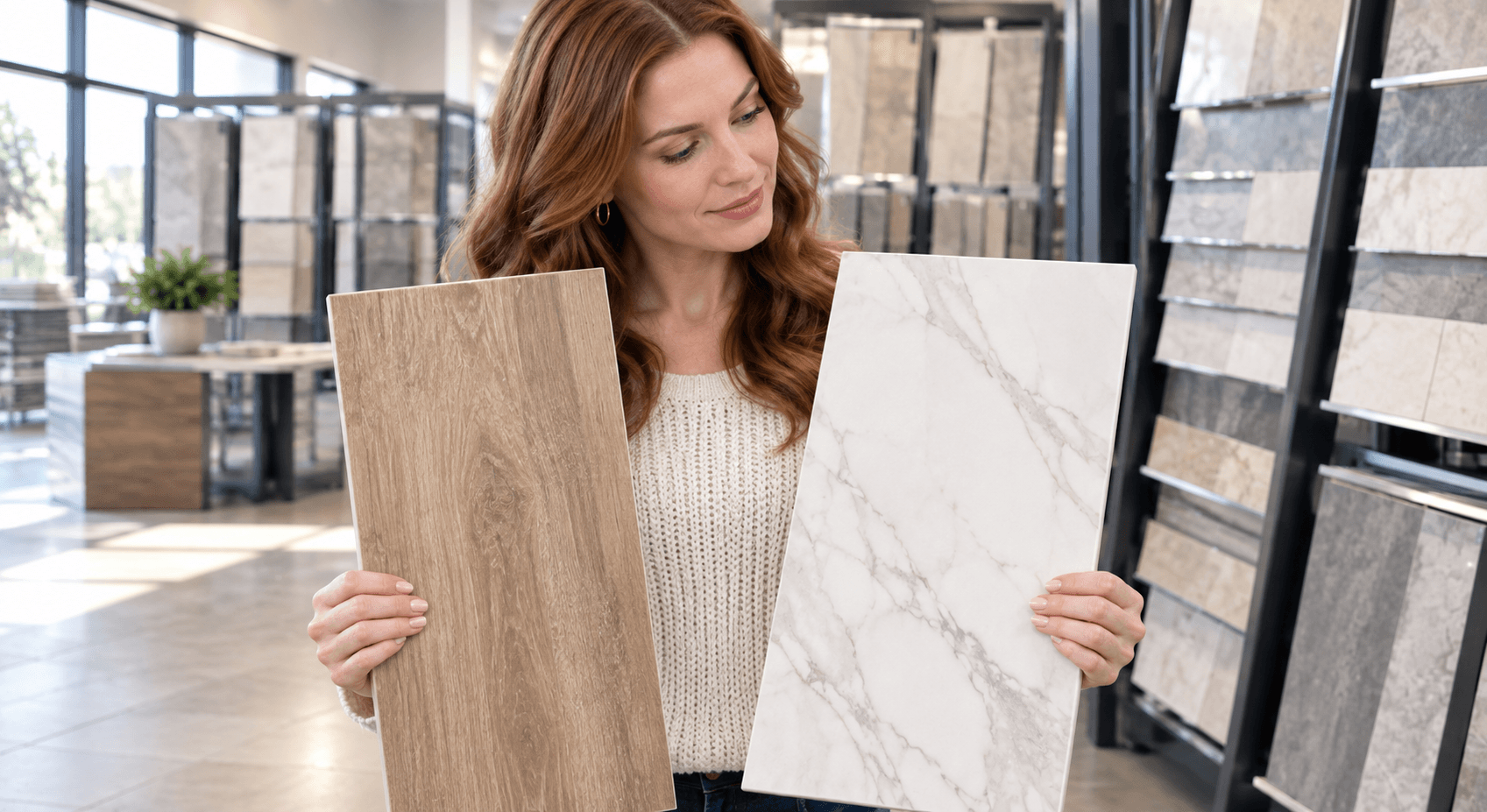 Ceramic, porcelain, and natural stone tile samples arranged in a Granbury showroom