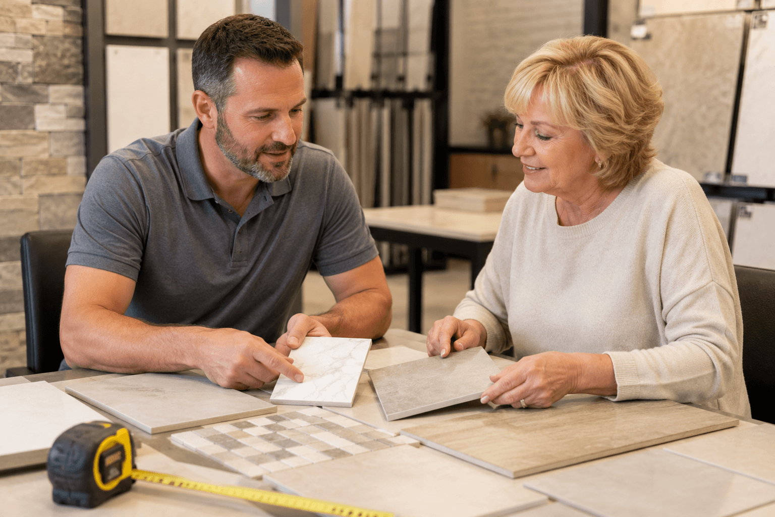 Flooring specialist reviewing tile options with a Granbury homeowner