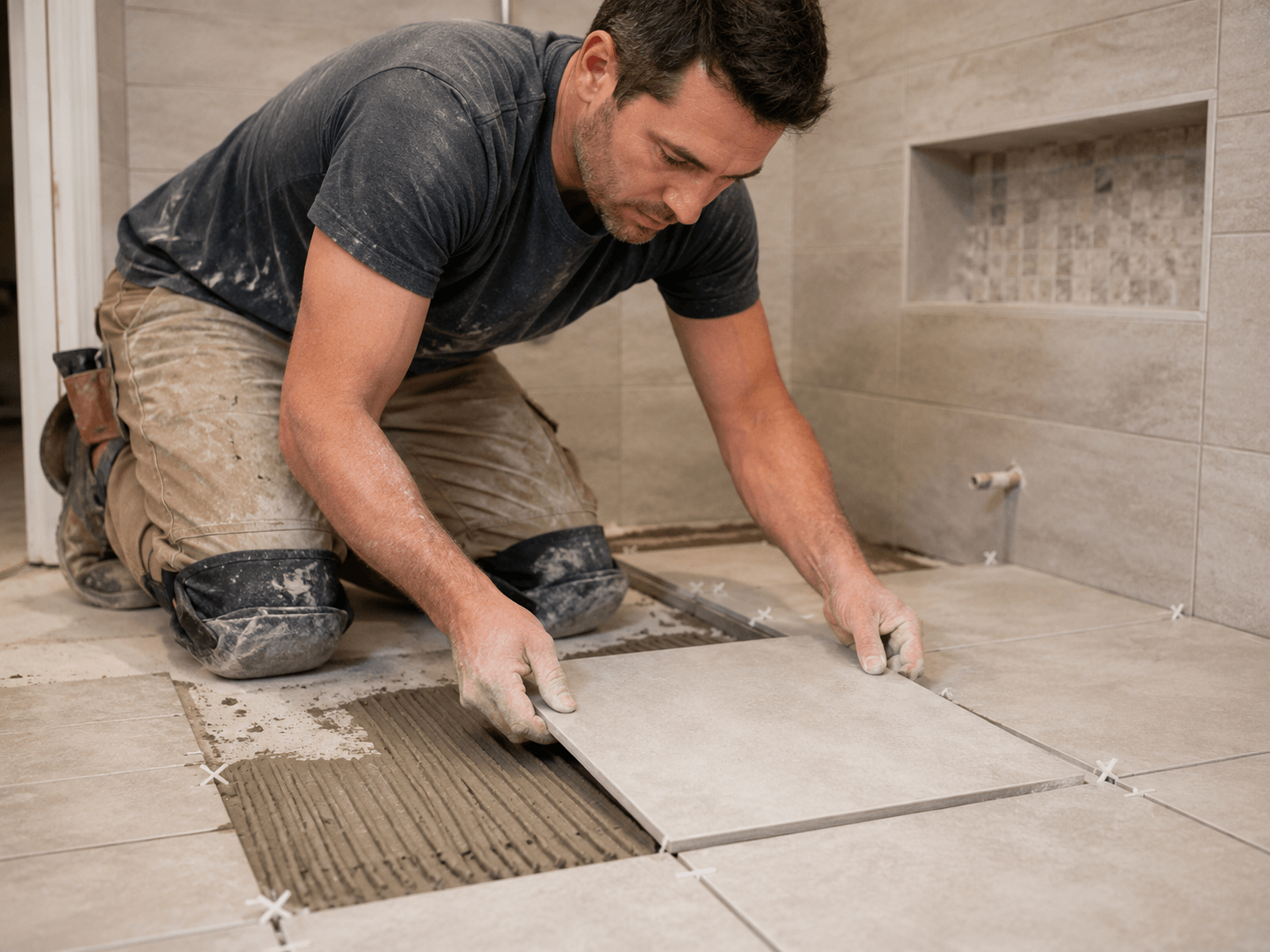 Installer setting bathroom floor tile with even spacing and fresh grout lines
