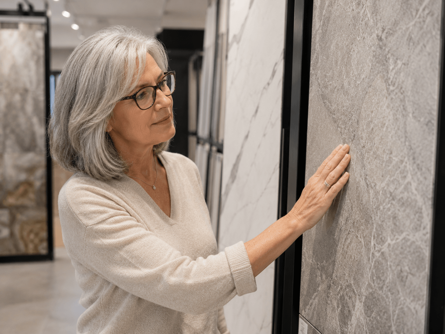 Customer comparing tile samples inside the Granbury flooring showroom