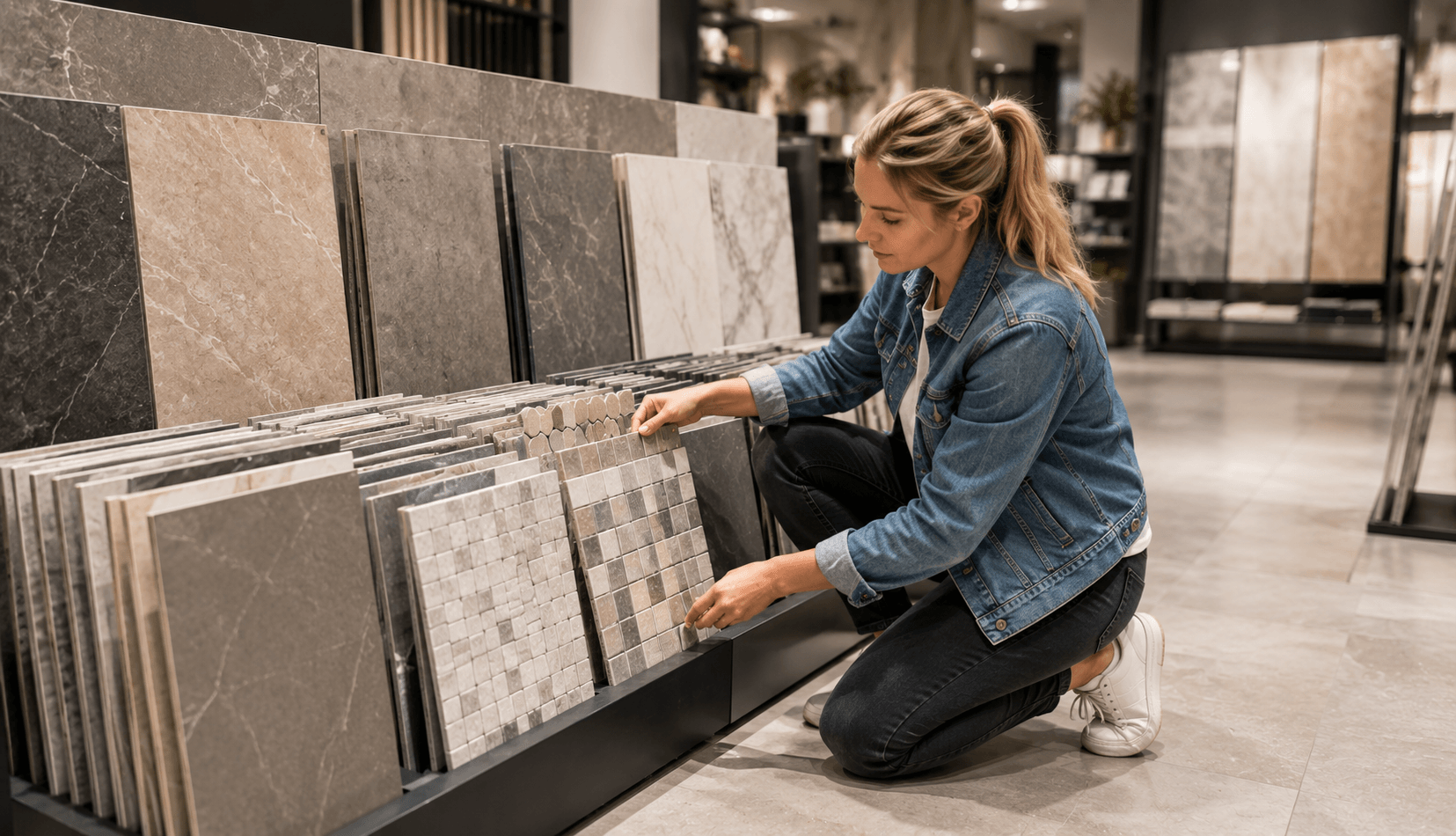 Large-format, mosaic, and wood-look tile options displayed side by side