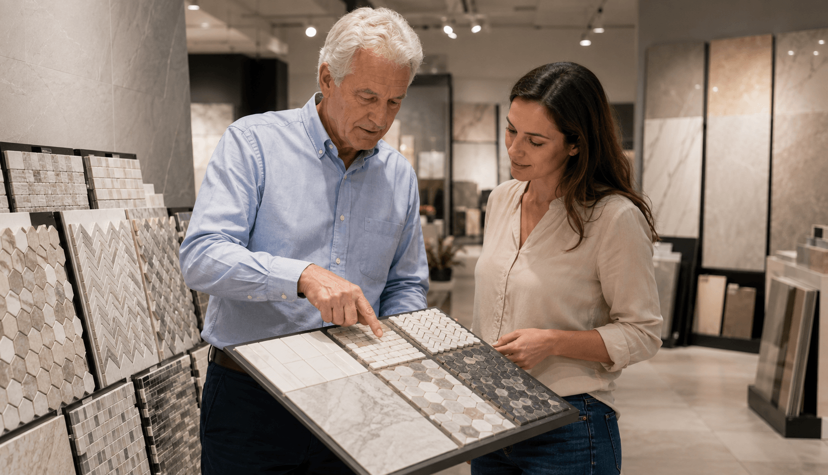Flooring specialist explaining tile durability to a Grapevine customer