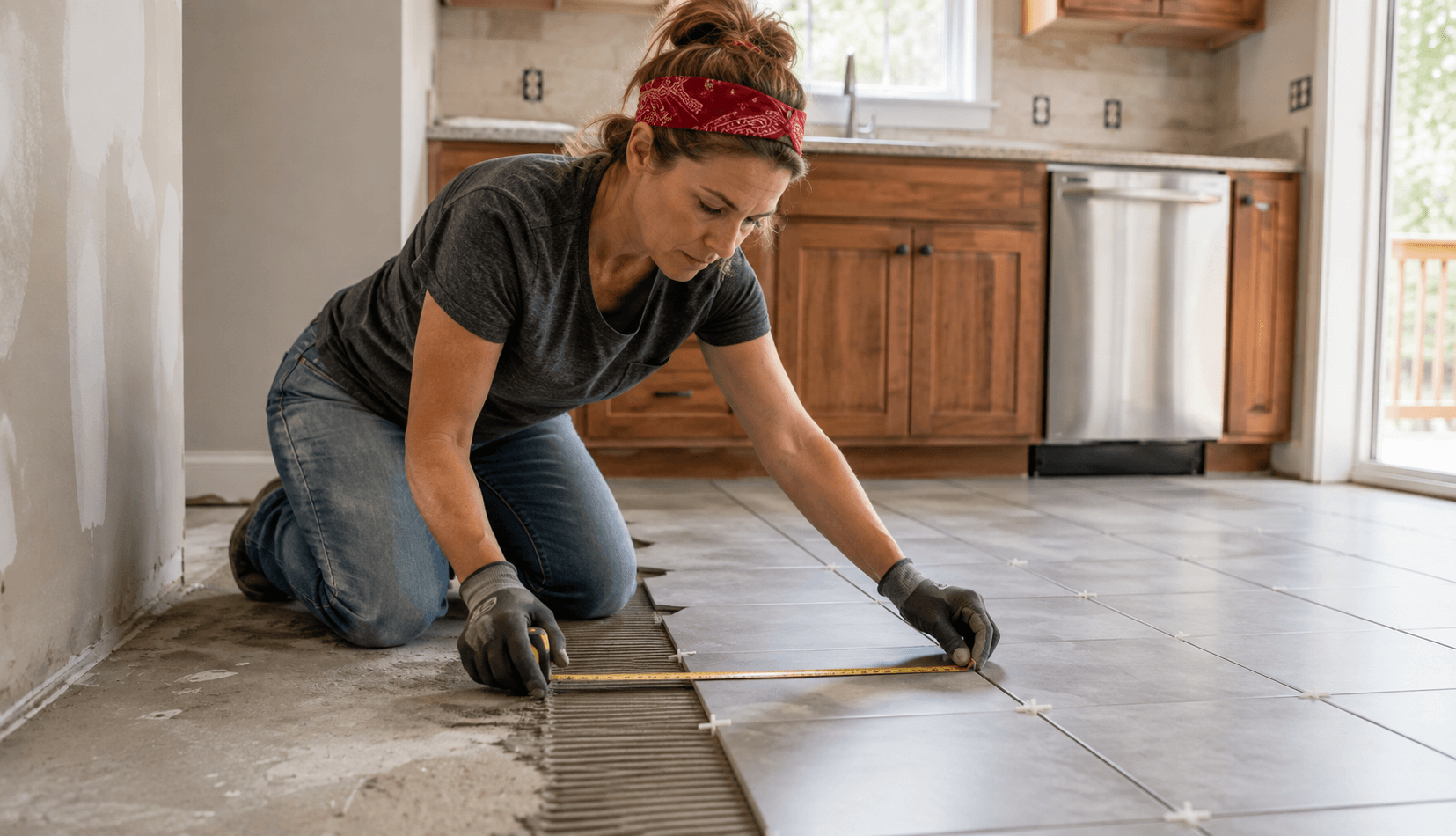 Installer measuring and aligning tile on a prepared kitchen floor