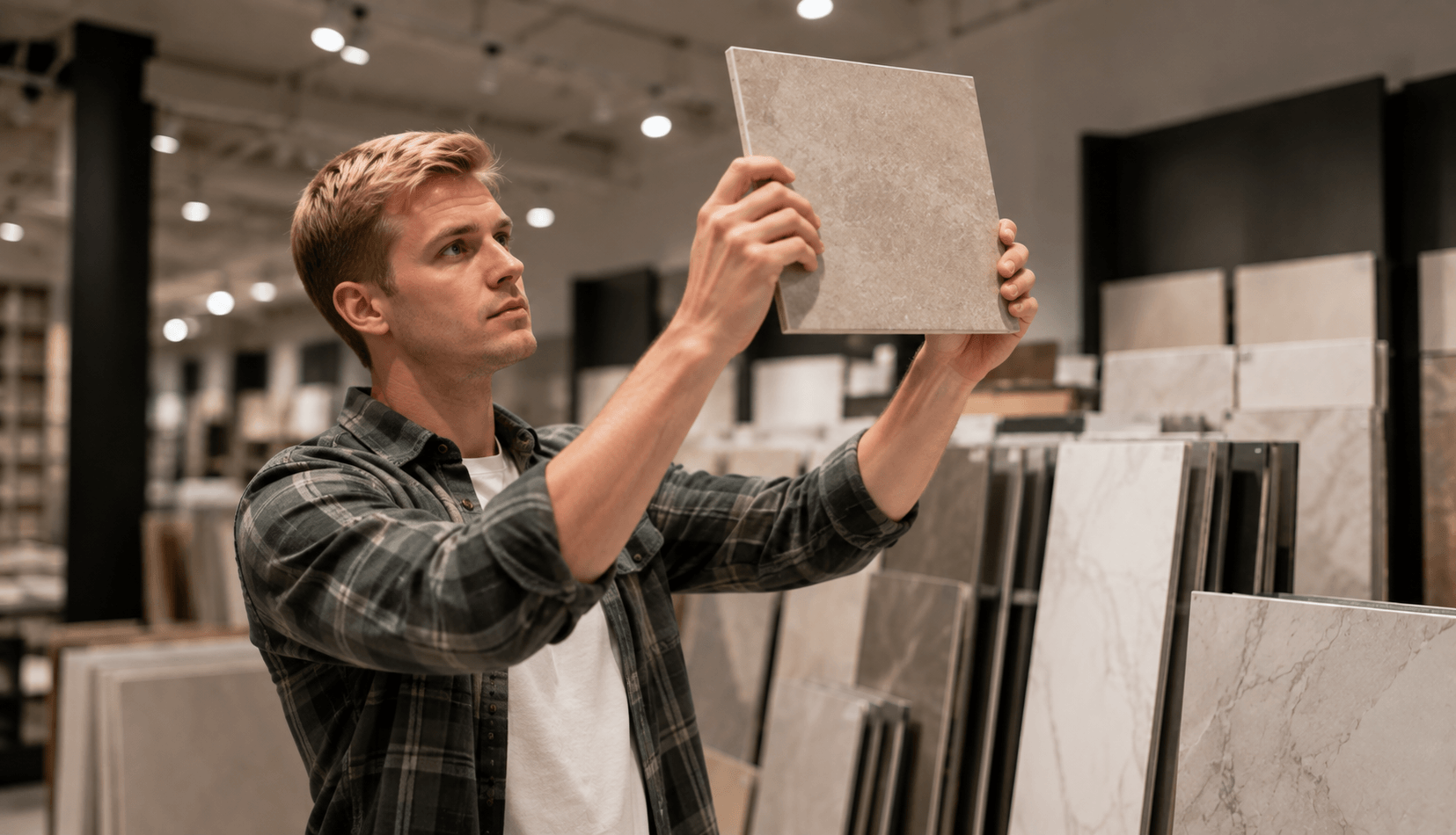 Shopper holding a tile sample under showroom lighting in Grapevine