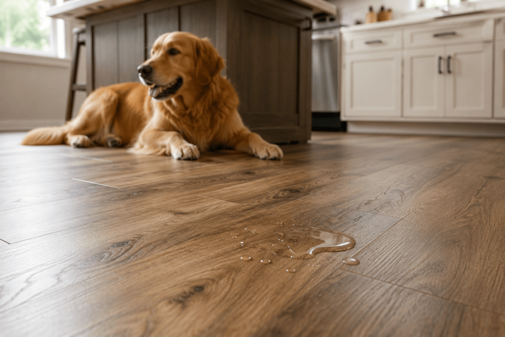 Golden retriever lying on a wood-look vinyl plank kitchen floor with a small water spill on the surface