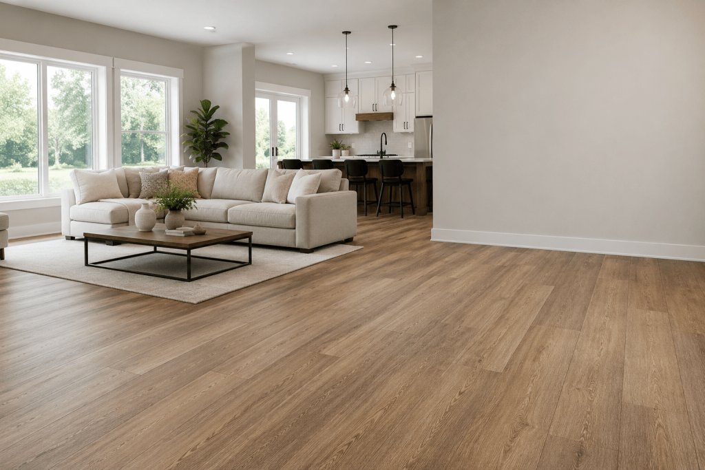 Open living room and kitchen with light brown wood-look vinyl plank flooring